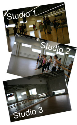 Collage of photos featuring campus dance studios.