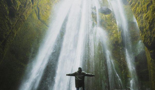 Europe Iceland Waterfall person